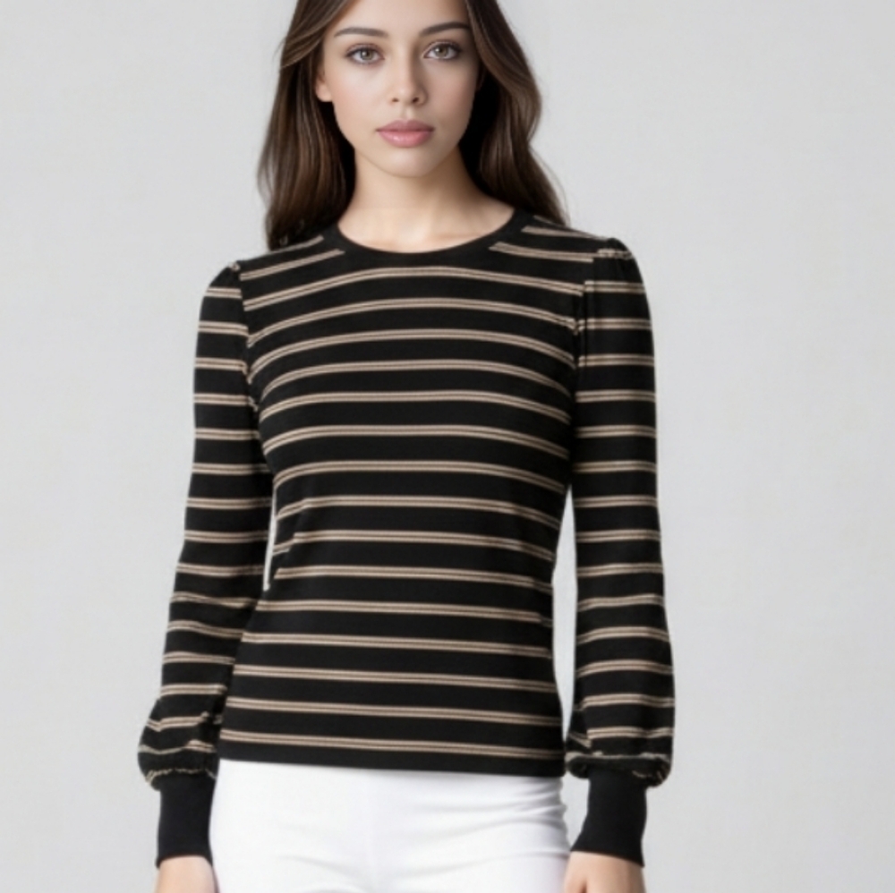 LA MADE Shirt Womens  Black Tan Striped Long Sleeve Puff‎ Shoulder Top